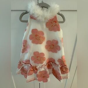 Janie and Jack Coral Floral Dress with White Fur Trim and gold details